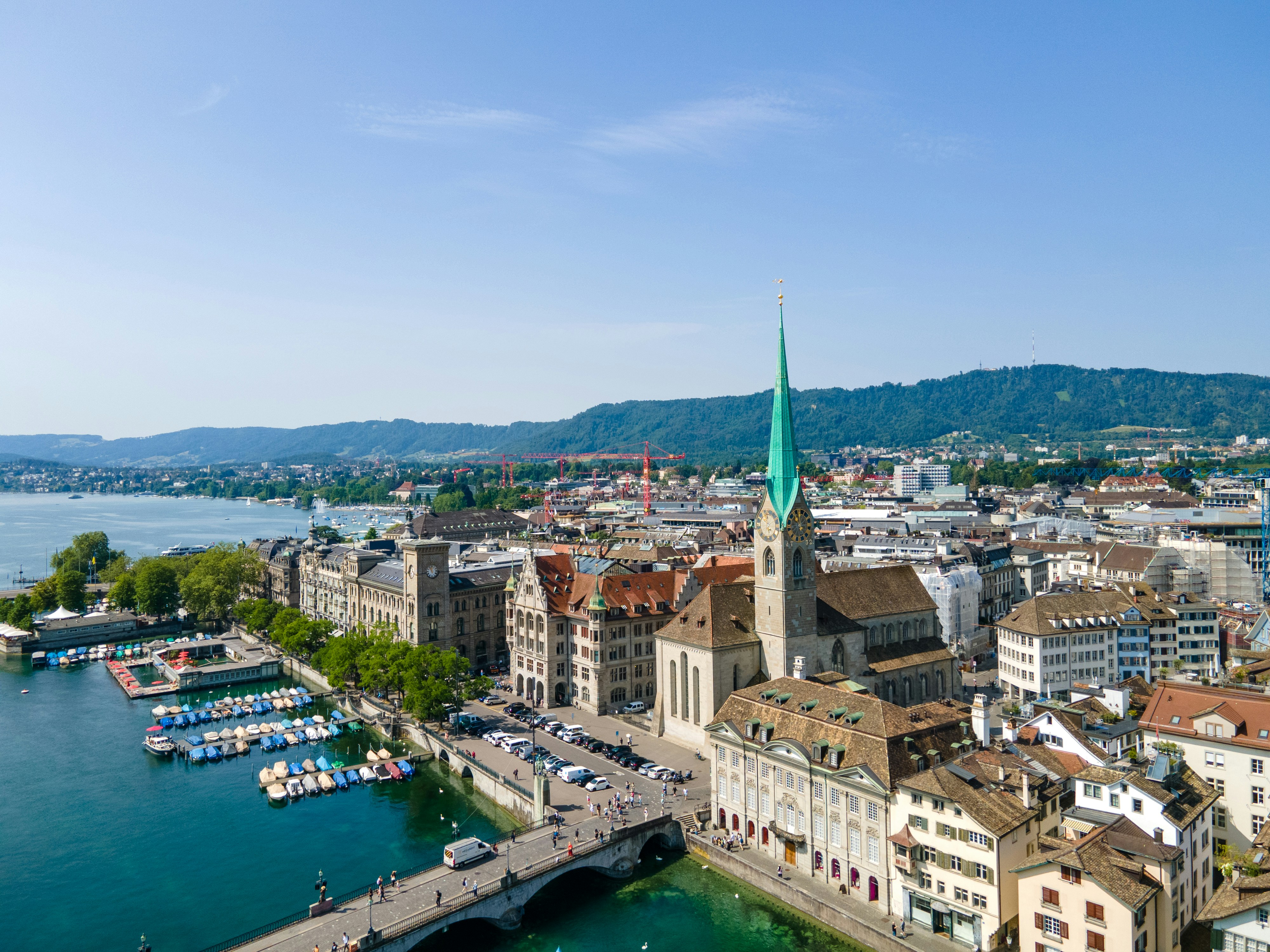 Zurich cityscape with Fraumünster church and Limmat river
